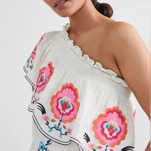 Anthropologie One Shoulder Sundress Ruffles Embroidered Floral Tan Pink Size S - Picture 12 of 13